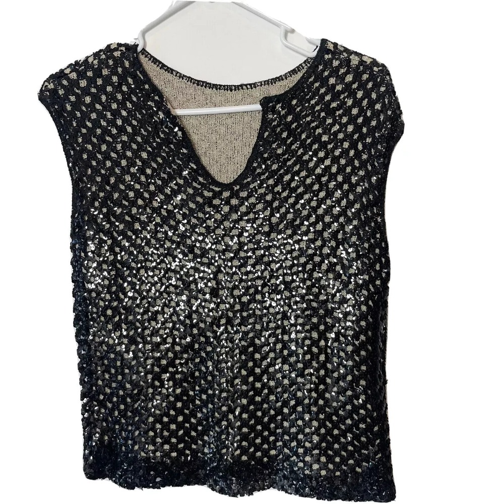 Vintage Stylebest Sequins Vest Pullover‎ Sweater Black Size S Sleeveless 60s USA
